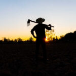 Silhouette of a farmer holding a hoe against a sunset