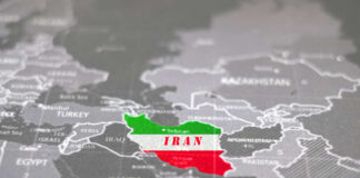Map highlighting Iran with its national colors