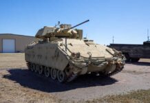 An armored personnel carrier displayed outdoors