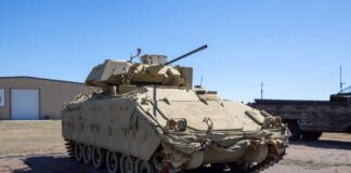 An armored personnel carrier displayed outdoors