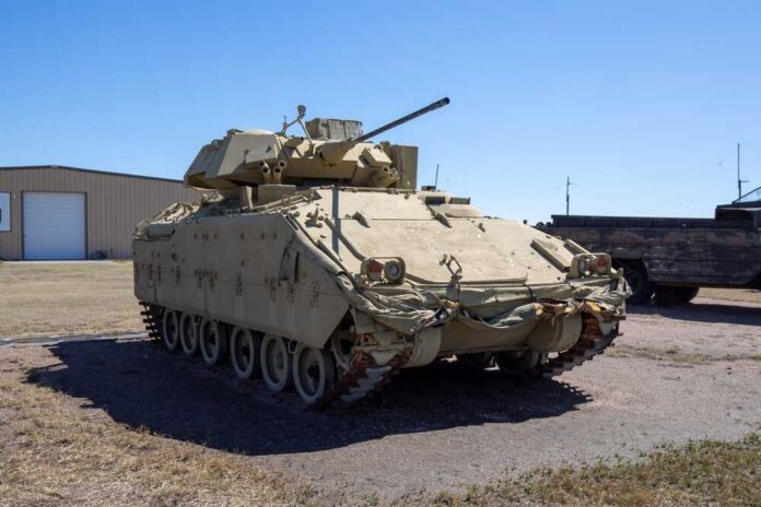An armored personnel carrier displayed outdoors