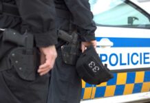Two police officers standing near a patrol car