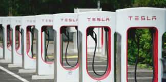 Tesla charging stations lined up in a row