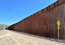 Tall border fence beside a dirt road desert
