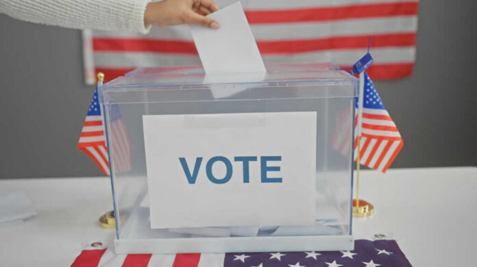 Hand placing ballot in box with American flags