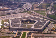 Aerial view of the Pentagon surrounded by roads and parking lots