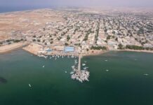 Aerial view of a coastal town with fishing boats and residential buildings