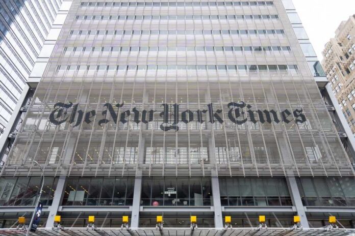 Facade of The New York Times building with large lettering