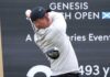 Professional golfer swinging a club at the Genesis Scottish Open