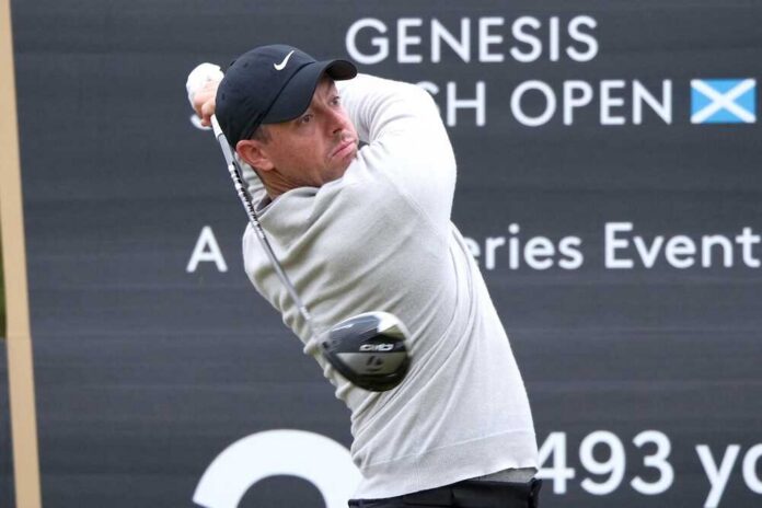 Professional golfer swinging a club at the Genesis Scottish Open
