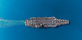 Aerial view of an aircraft carrier with fighter jets on deck in a blue ocean