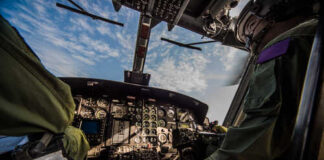 Interior view of a helicopter cockpit with pilots operating controls