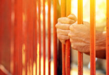 Hands gripping orange prison bars with sunlight in the background