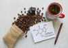 Coffee beans cup chocolate caffeine chemical structure card
