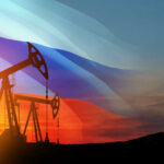 Latvia Allegations: Russian Claims Unproven Oil rigs with Russian flag at sunset background