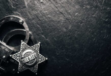 Sheriff badge and handcuffs on dark stone background