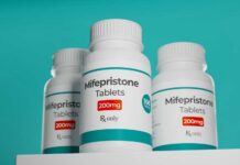 Bottles of Mifepristone tablets on a shelf