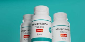 Bottles of Mifepristone tablets on a shelf