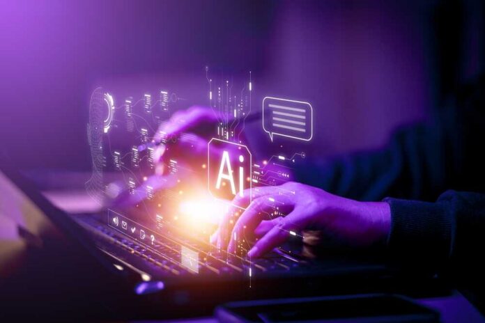 Person typing on a laptop with AI graphics overlay