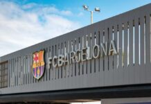 Entrance sign of FC Barcelona with club logo