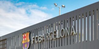 Entrance sign of FC Barcelona with club logo