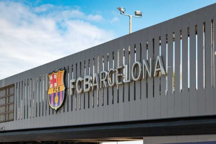 Entrance sign of FC Barcelona with club logo