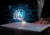 AI Powers Rapid Business Launch—Too Easy? A hand interacting with a digital tablet displaying AI graphics