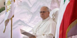 Pope seated in a ceremonial chair with flags in the background