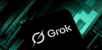 Smartphone screen displaying the Grok logo on a dark tech-themed background