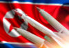 Missiles in front of a North Korean flag