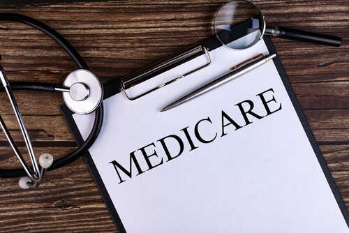 Medicare,Text,Written,In,A,Notebook,Lying,On,A,Desk A document labeled 'Medicare' with a stethoscope and magnifying glass on a wooden surface