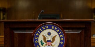 Podium with the United States Senate seal