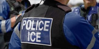 Close-up of a police officer's vest with 'POLICE ICE' label