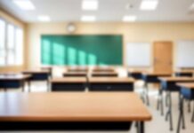 Judge Slams Graded Kisses — Parents Furious Empty classroom with desks, a green chalkboard, and natural light