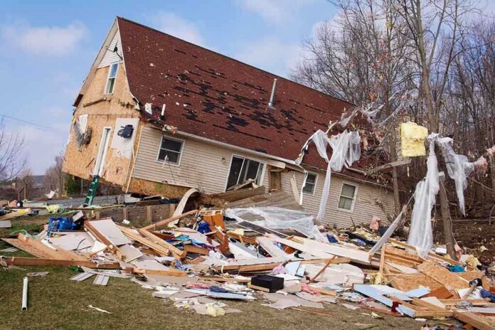 shutterstock_128948774-1 A severely damaged house tilted on its side surrounded by debris