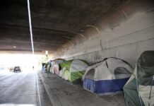 Tents lined up under a concrete overpass