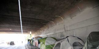 Tents lined up under a concrete overpass