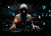 New Friendship Ends in $100K Fraud Case hooded figure typing on dual keyboards amid glowing code