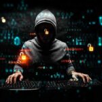 New Friendship Ends in $100K Fraud Case hooded figure typing on dual keyboards amid glowing code