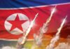 North Korea Escalates Before Allied Military Drills North Korean flag with missiles launching and smoke trails