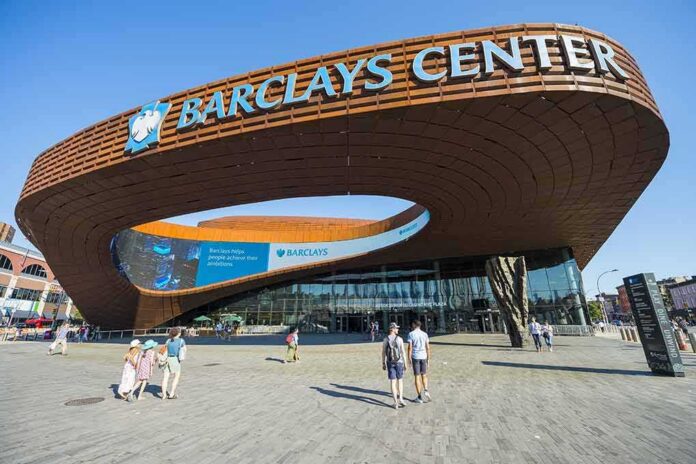 shutterstock_477744667 Barclays Center exterior with curved rust-colored facade
