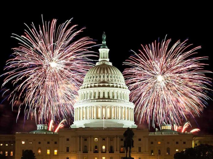 shutterstock_74134390 United States Capitol with fireworks at night