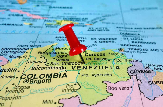 304079975 Red pin on Venezuela, South America map.