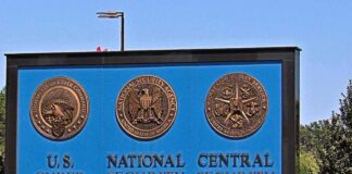 Entrance sign for U.S. Cyber Command, National Security Agency, and Central Security Service