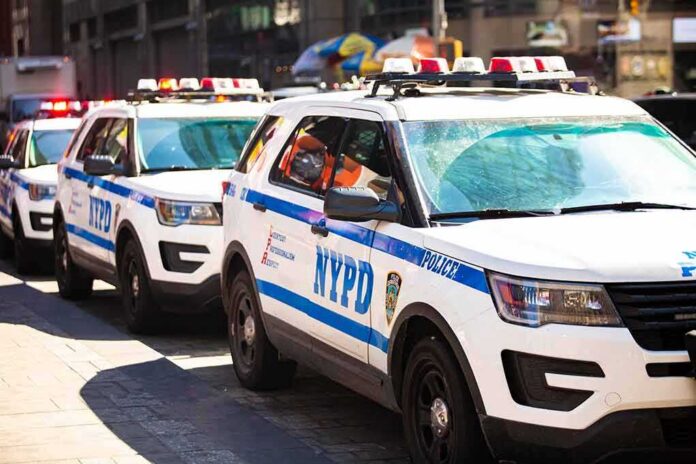 shutterstock_1375359044 NYPD police SUVs parked in a row on a city street