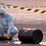 Industrial Nightmare: Fatal Tank Collapse Unfolds Hazmat worker kneeling near a fallen barrel at a cordoned-off site
