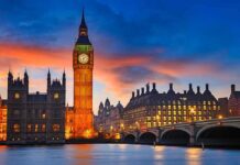 Big Ben clock tower at dusk by the River Thames