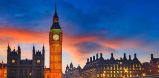 Big Ben clock tower at dusk by the River Thames