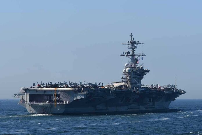 Aircraft carrier cruising at sea