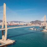 Cable-stayed bridge spanning a harbor with city skyline and mountains